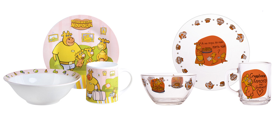 Посуда с персонажами "Оранжевой коровы" из стекла и фарфора (ТМ КОРАЛЛ)